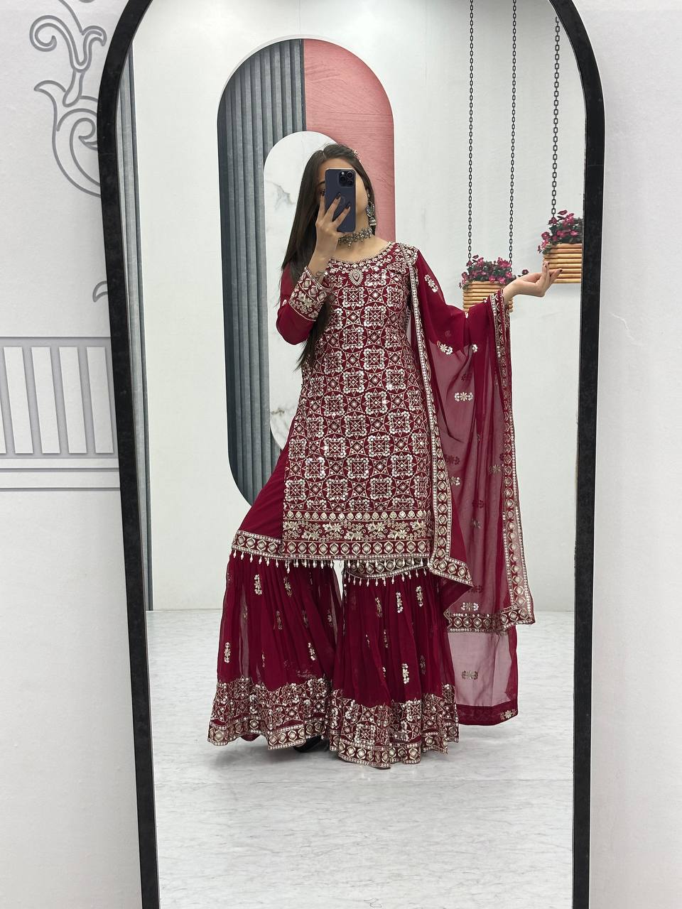 Ceremony Wear Maroon Color Faux Georgette Heavy Embroidery Thread Work Sharara Suit