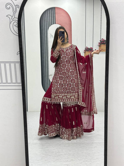 Ceremony Wear Maroon Color Faux Georgette Heavy Embroidery Thread Work Sharara Suit