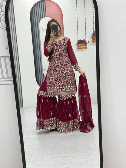 Ceremony Wear Maroon Color Faux Georgette Heavy Embroidery Thread Work Sharara Suit