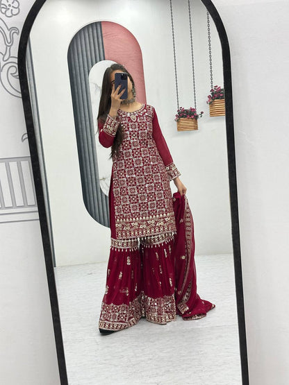 Ceremony Wear Maroon Color Faux Georgette Heavy Embroidery Thread Work Sharara Suit