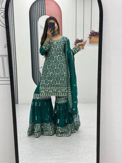 Ceremony Wear Green Color Faux Georgette Heavy Embroidery Thread Work Sharara Suit