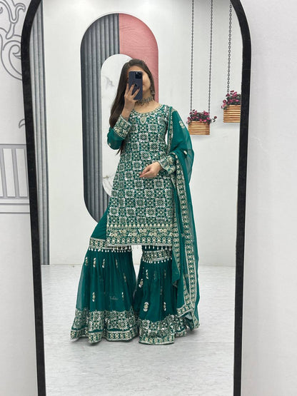 Ceremony Wear Green Color Faux Georgette Heavy Embroidery Thread Work Sharara Suit