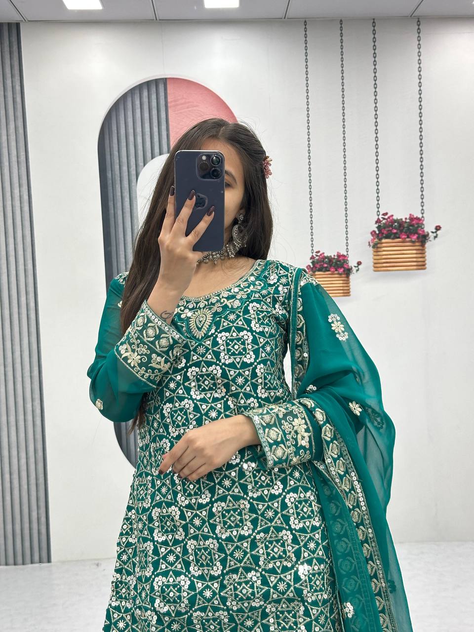 Ceremony Wear Green Color Faux Georgette Heavy Embroidery Thread Work Sharara Suit