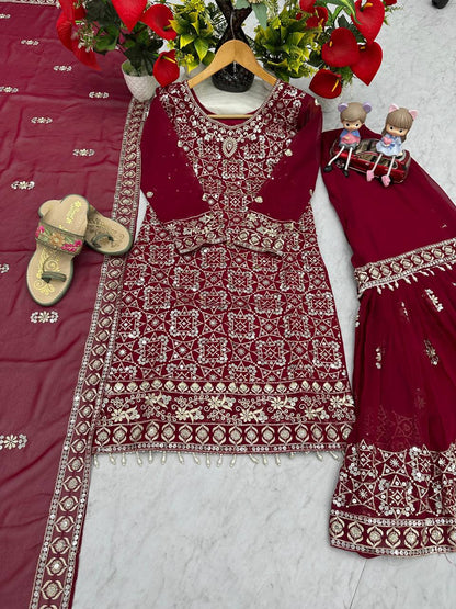 Ceremony Wear Maroon Color Faux Georgette Heavy Embroidery Thread Work Sharara Suit