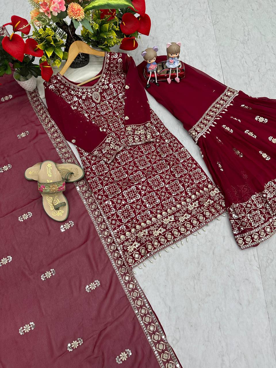 Ceremony Wear Maroon Color Faux Georgette Heavy Embroidery Thread Work Sharara Suit