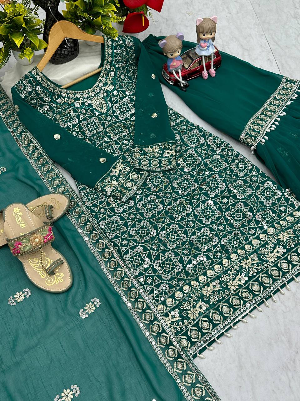 Ceremony Wear Green Color Faux Georgette Heavy Embroidery Thread Work Sharara Suit