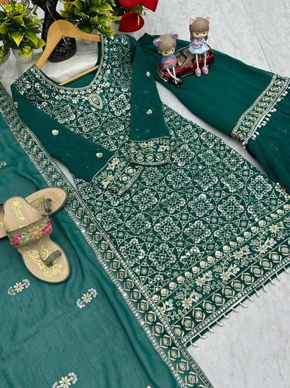 Ceremony Wear Green Color Faux Georgette Heavy Embroidery Thread Work Sharara Suit