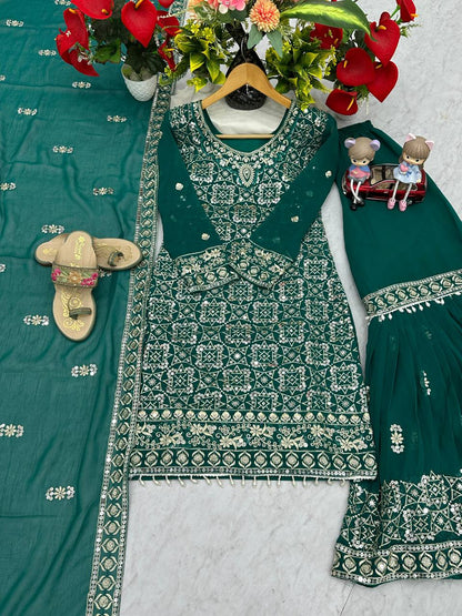Ceremony Wear Green Color Faux Georgette Heavy Embroidery Thread Work Sharara Suit
