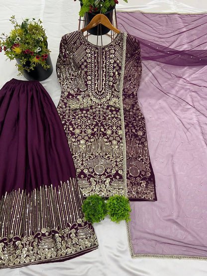 Ceremony Wear Purple Color Pure Chinon Silk With Embroidery Sequence With Moti Work Sharara Suit