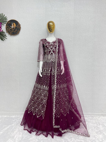 Party Wear Wine Color Heavy Soft Net With Embroidery Sequence Work Top With Lehenga