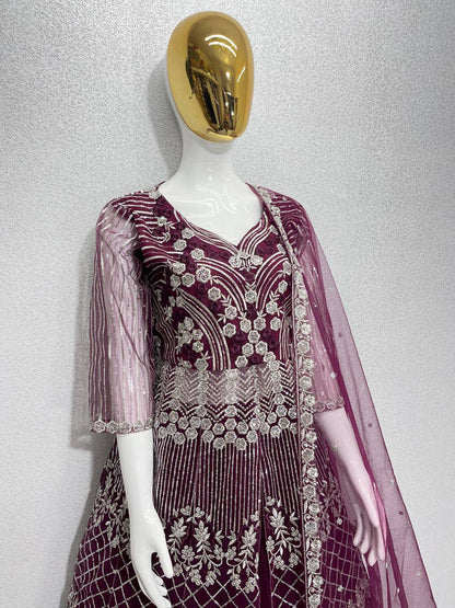 Party Wear Wine Color Heavy Soft Net With Embroidery Sequence Work Top With Lehenga