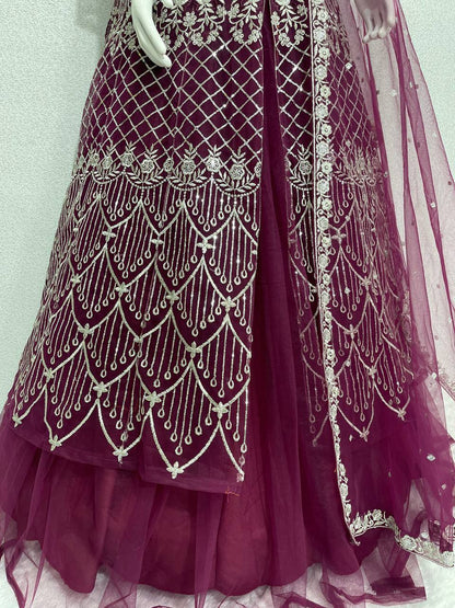 Party Wear Wine Color Heavy Soft Net With Embroidery Sequence Work Top With Lehenga