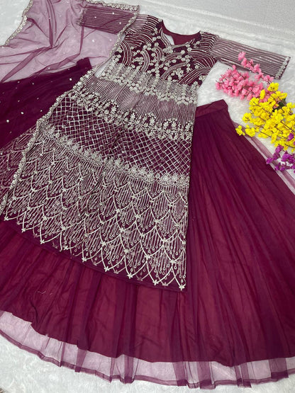 Party Wear Wine Color Heavy Soft Net With Embroidery Sequence Work Top With Lehenga