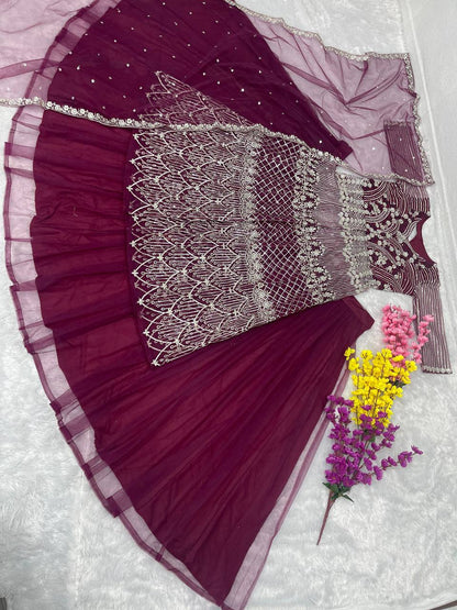 Party Wear Wine Color Heavy Soft Net With Embroidery Sequence Work Top With Lehenga