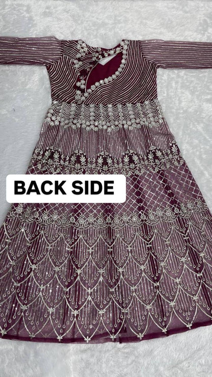 Party Wear Wine Color Heavy Soft Net With Embroidery Sequence Work Top With Lehenga