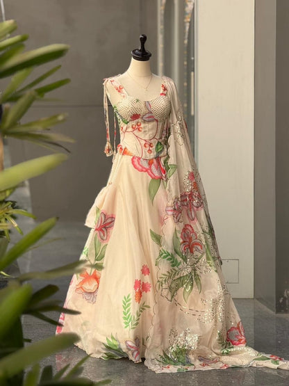 Carnival Function Wear Organza Lehenga With Trendy Corset Pattern Blouse And Designer Batwa