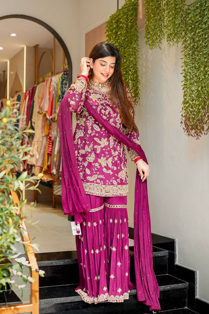 Wedding Wear Wine Color Embroidered Designer Sharara Suit