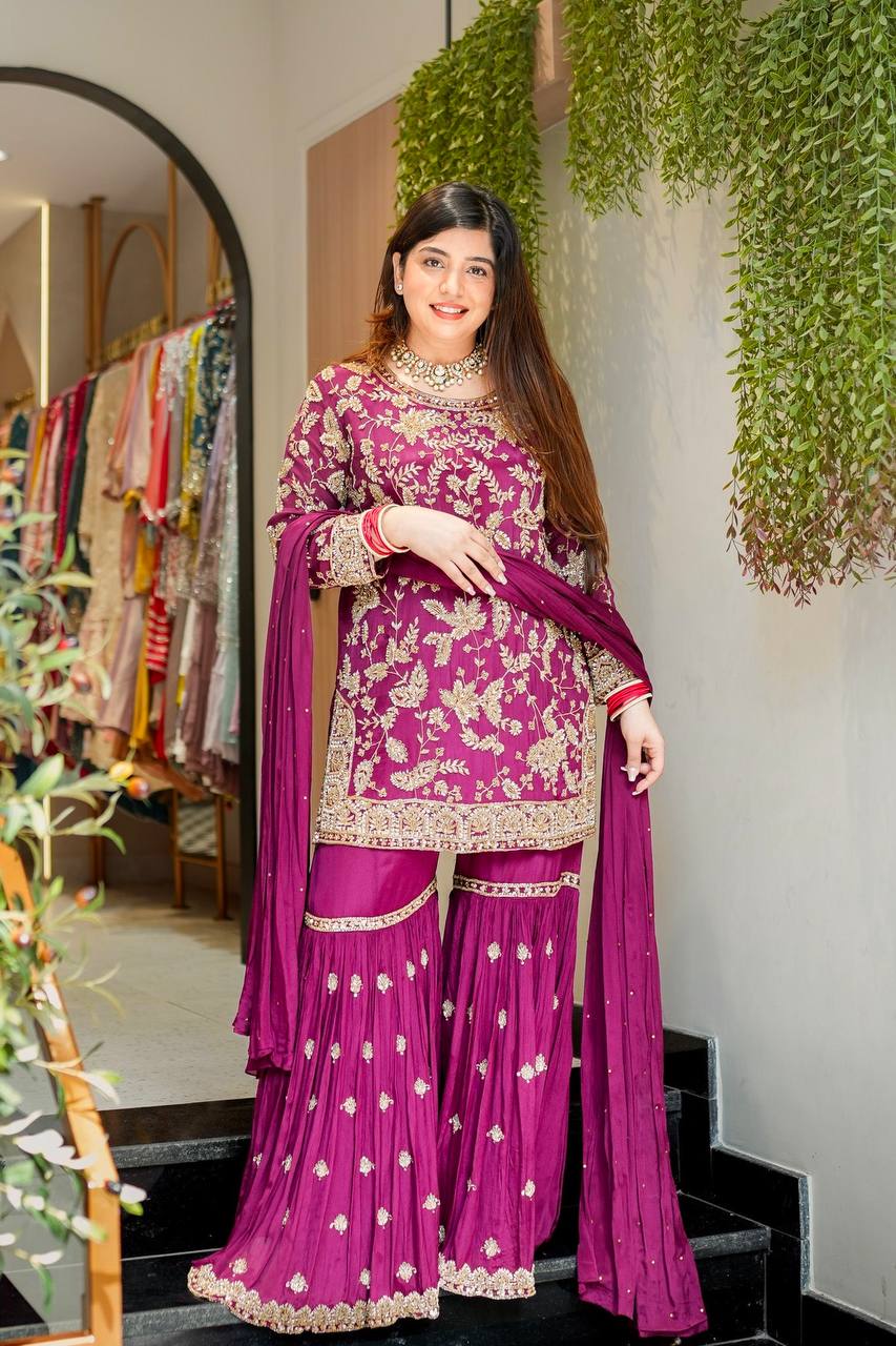 Wedding Wear Wine Color Embroidered Designer Sharara Suit