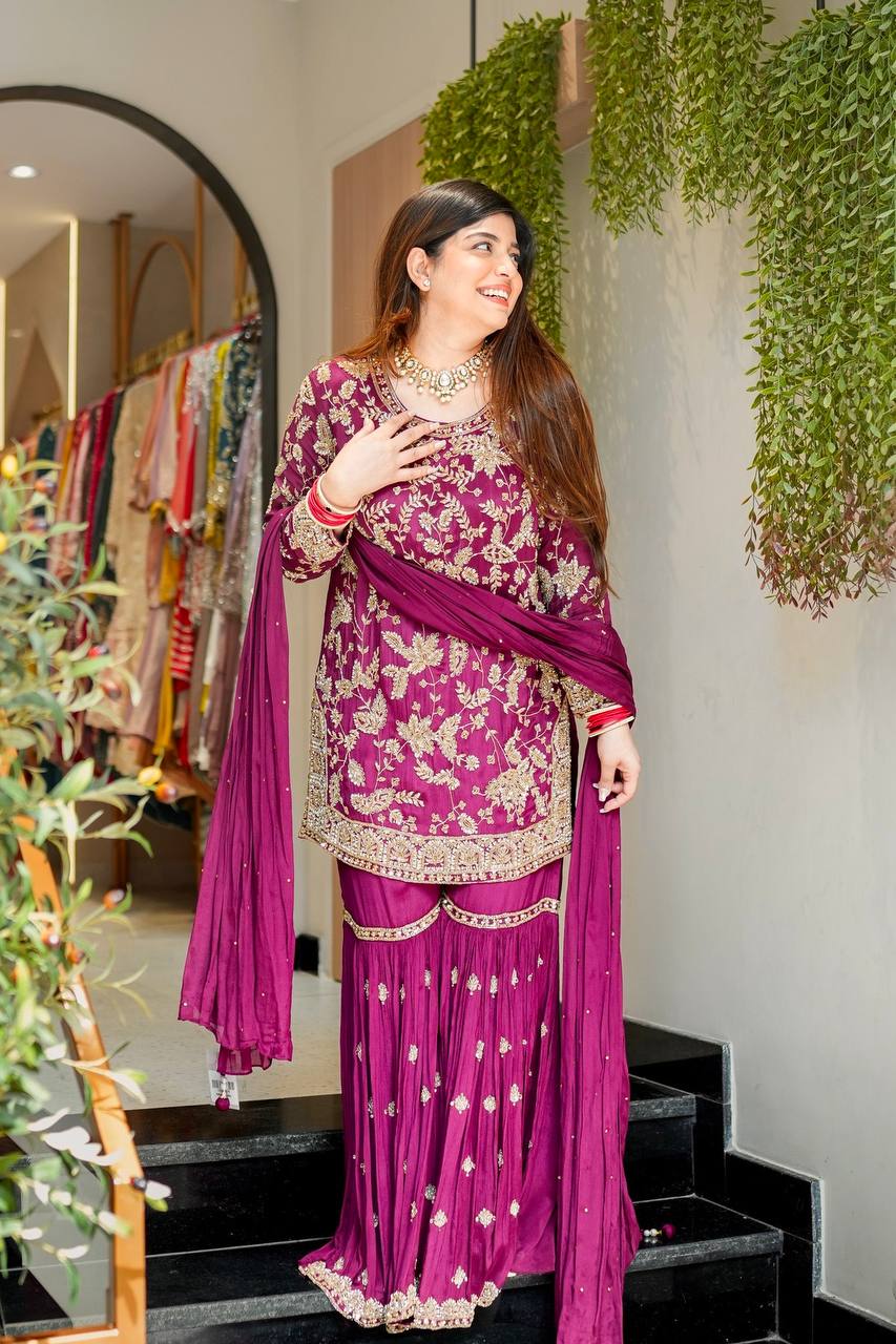 Wedding Wear Wine Color Embroidered Designer Sharara Suit