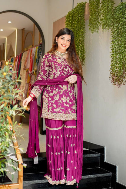 Wedding Wear Wine Color Embroidered Designer Sharara Suit