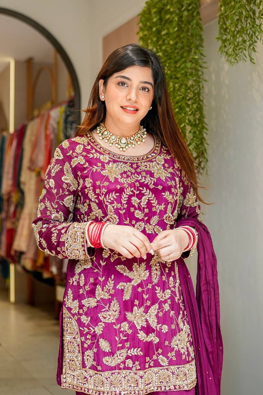 Wedding Wear Wine Color Embroidered Designer Sharara Suit