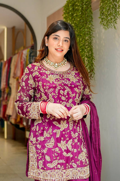 Wedding Wear Wine Color Embroidered Designer Sharara Suit