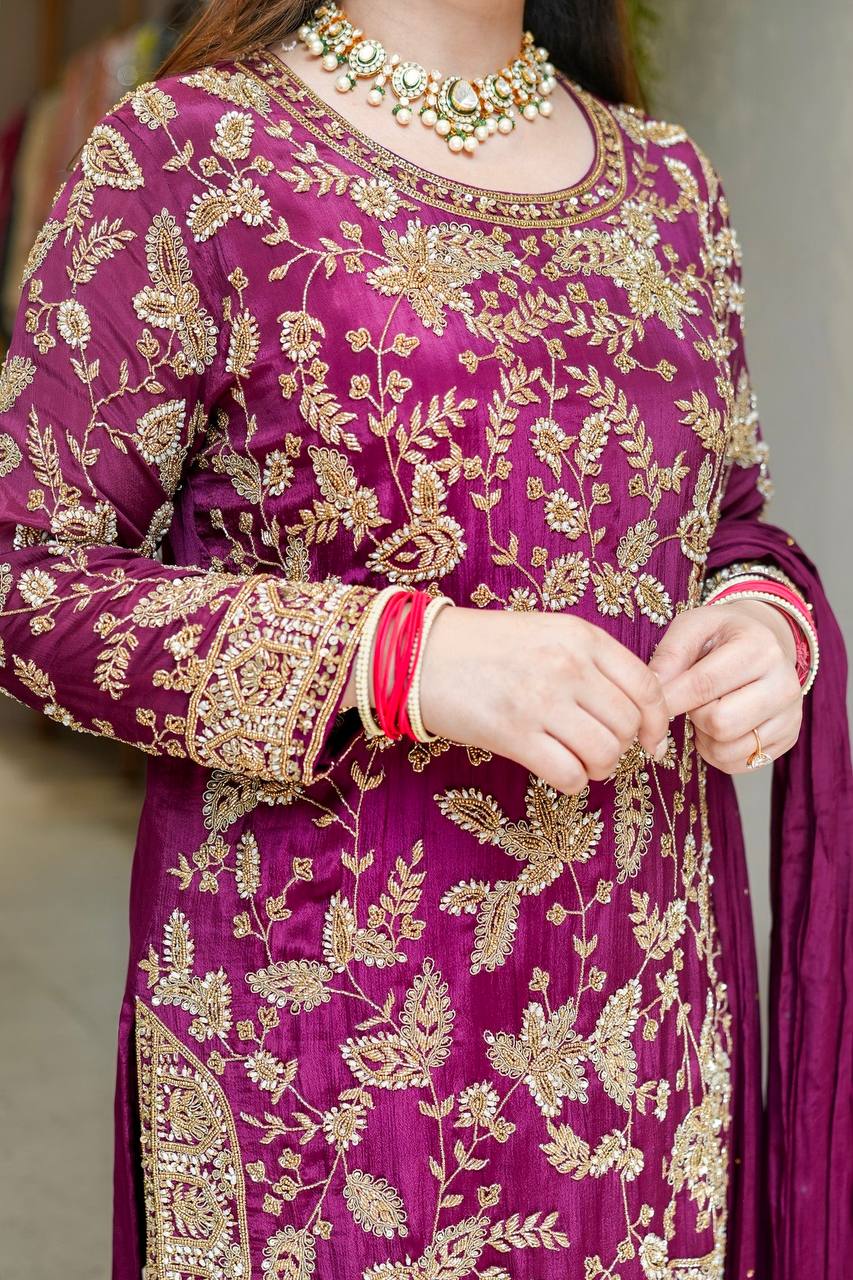 Wedding Wear Wine Color Embroidered Designer Sharara Suit