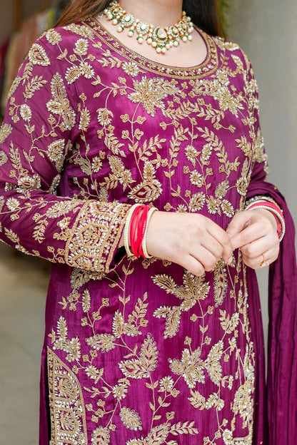 Wedding Wear Wine Color Embroidered Designer Sharara Suit