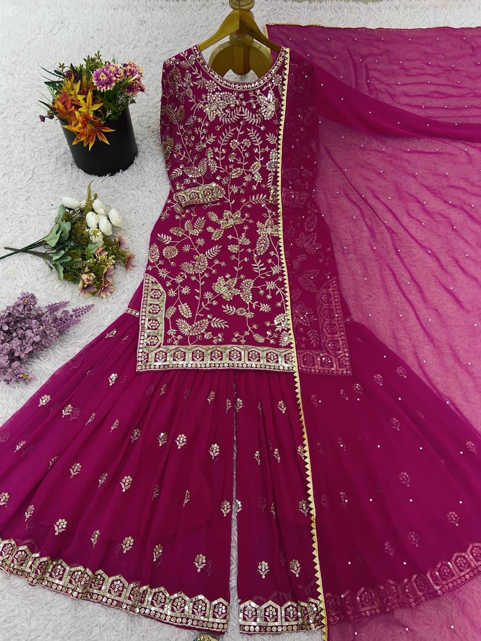 Wedding Wear Wine Color Embroidered Designer Sharara Suit