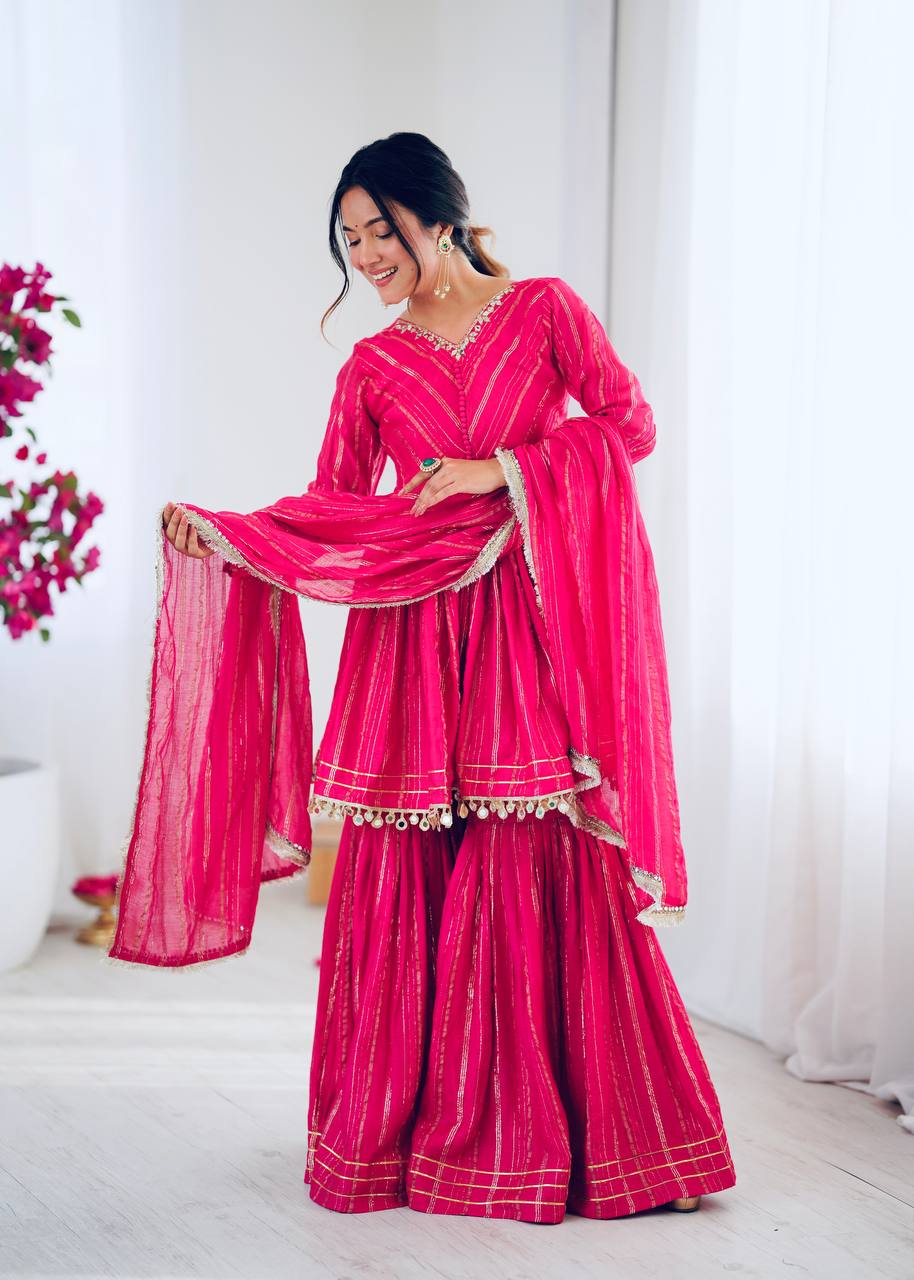 Arti Chauhan Wear Pink Color Mirror With Handwork Designer Sharara Suit