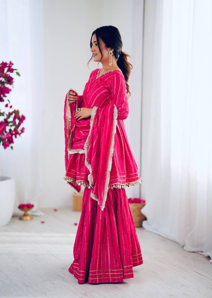 Arti Chauhan Wear Pink Color Mirror With Handwork Designer Sharara Suit