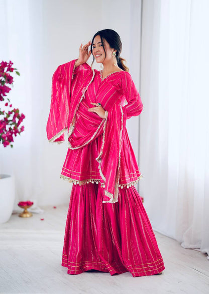 Arti Chauhan Wear Pink Color Mirror With Handwork Designer Sharara Suit