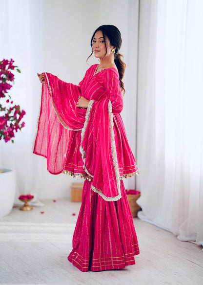 Arti Chauhan Wear Pink Color Mirror With Handwork Designer Sharara Suit
