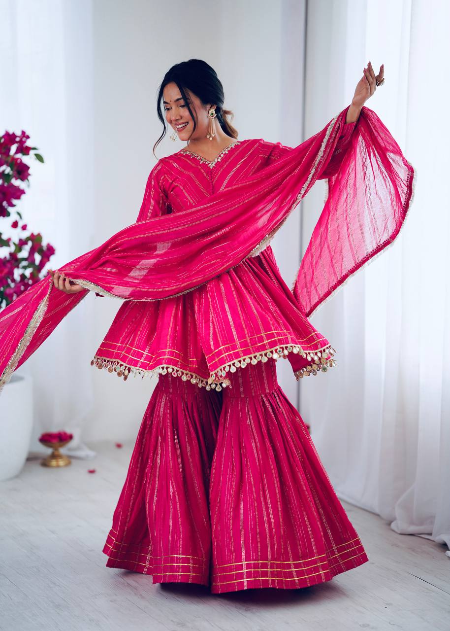Arti Chauhan Wear Pink Color Mirror With Handwork Designer Sharara Suit