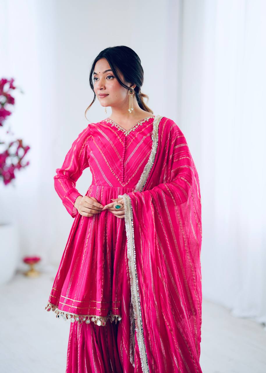 Arti Chauhan Wear Pink Color Mirror With Handwork Designer Sharara Suit