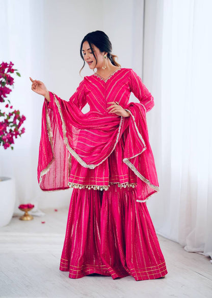 Arti Chauhan Wear Pink Color Mirror With Handwork Designer Sharara Suit