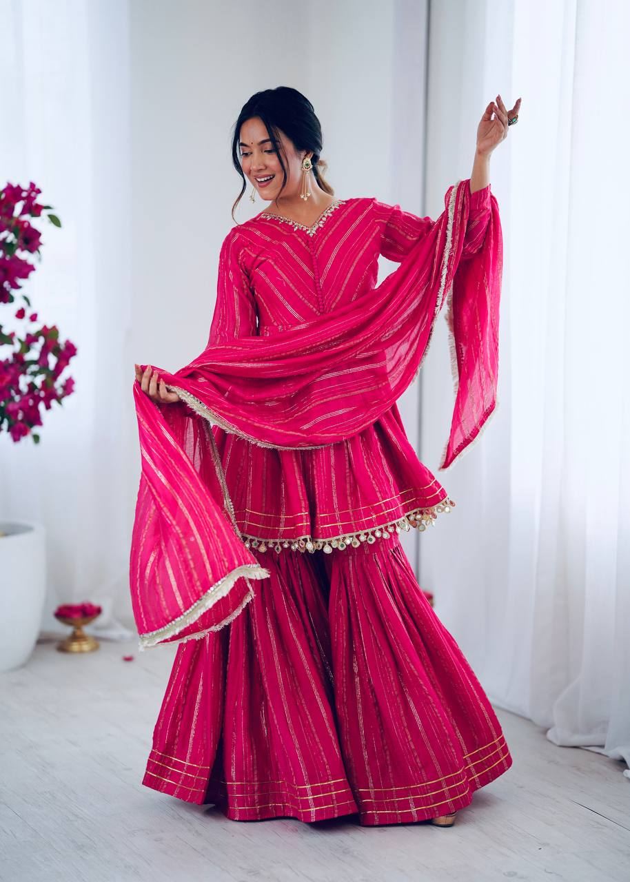 Arti Chauhan Wear Pink Color Mirror With Handwork Designer Sharara Suit