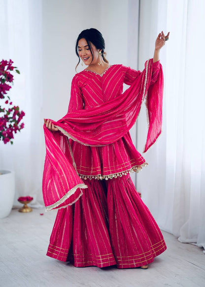 Arti Chauhan Wear Pink Color Mirror With Handwork Designer Sharara Suit