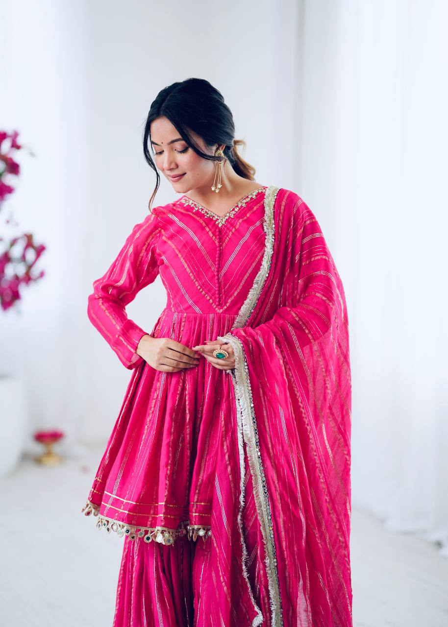 Arti Chauhan Wear Pink Color Mirror With Handwork Designer Sharara Suit