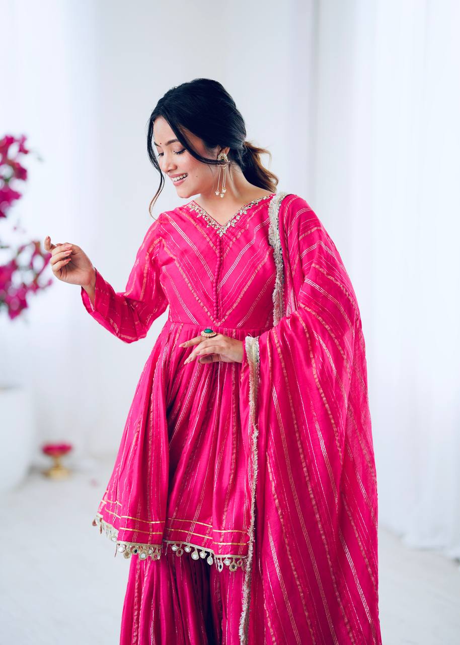 Arti Chauhan Wear Pink Color Mirror With Handwork Designer Sharara Suit
