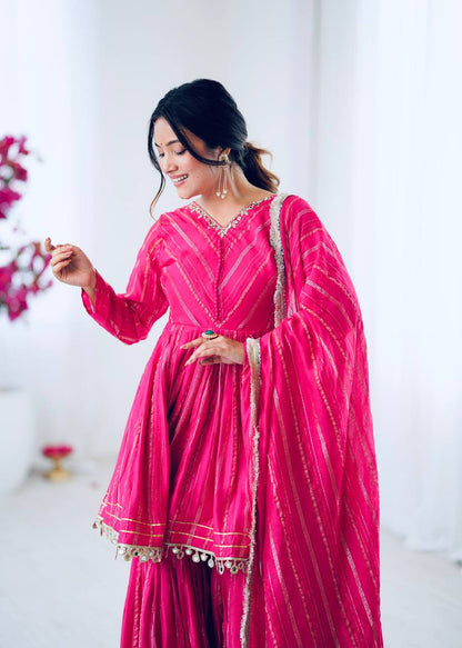 Arti Chauhan Wear Pink Color Mirror With Handwork Designer Sharara Suit