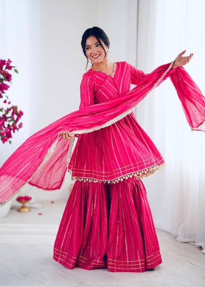 Arti Chauhan Wear Pink Color Mirror With Handwork Designer Sharara Suit
