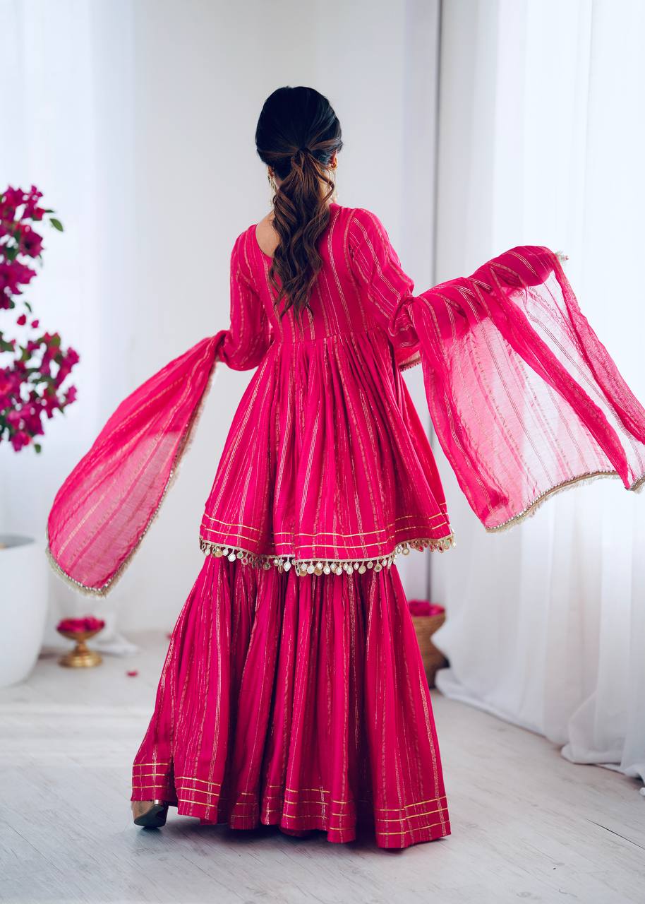 Arti Chauhan Wear Pink Color Mirror With Handwork Designer Sharara Suit