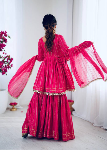 Arti Chauhan Wear Pink Color Mirror With Handwork Designer Sharara Suit