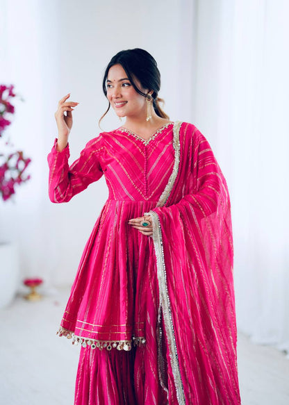 Arti Chauhan Wear Pink Color Mirror With Handwork Designer Sharara Suit