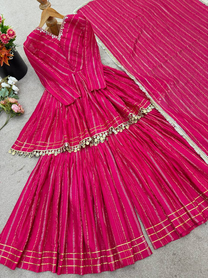 Arti Chauhan Wear Pink Color Mirror With Handwork Designer Sharara Suit