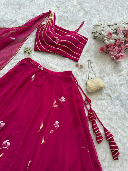 Function Wear Pink Color Pure Georgette Hand Painted Fully Stitched Lehenga Choli