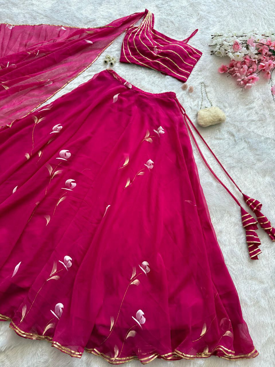 Function Wear Pink Color Pure Georgette Hand Painted Fully Stitched Lehenga Choli