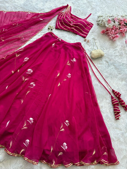 Function Wear Pink Color Pure Georgette Hand Painted Fully Stitched Lehenga Choli