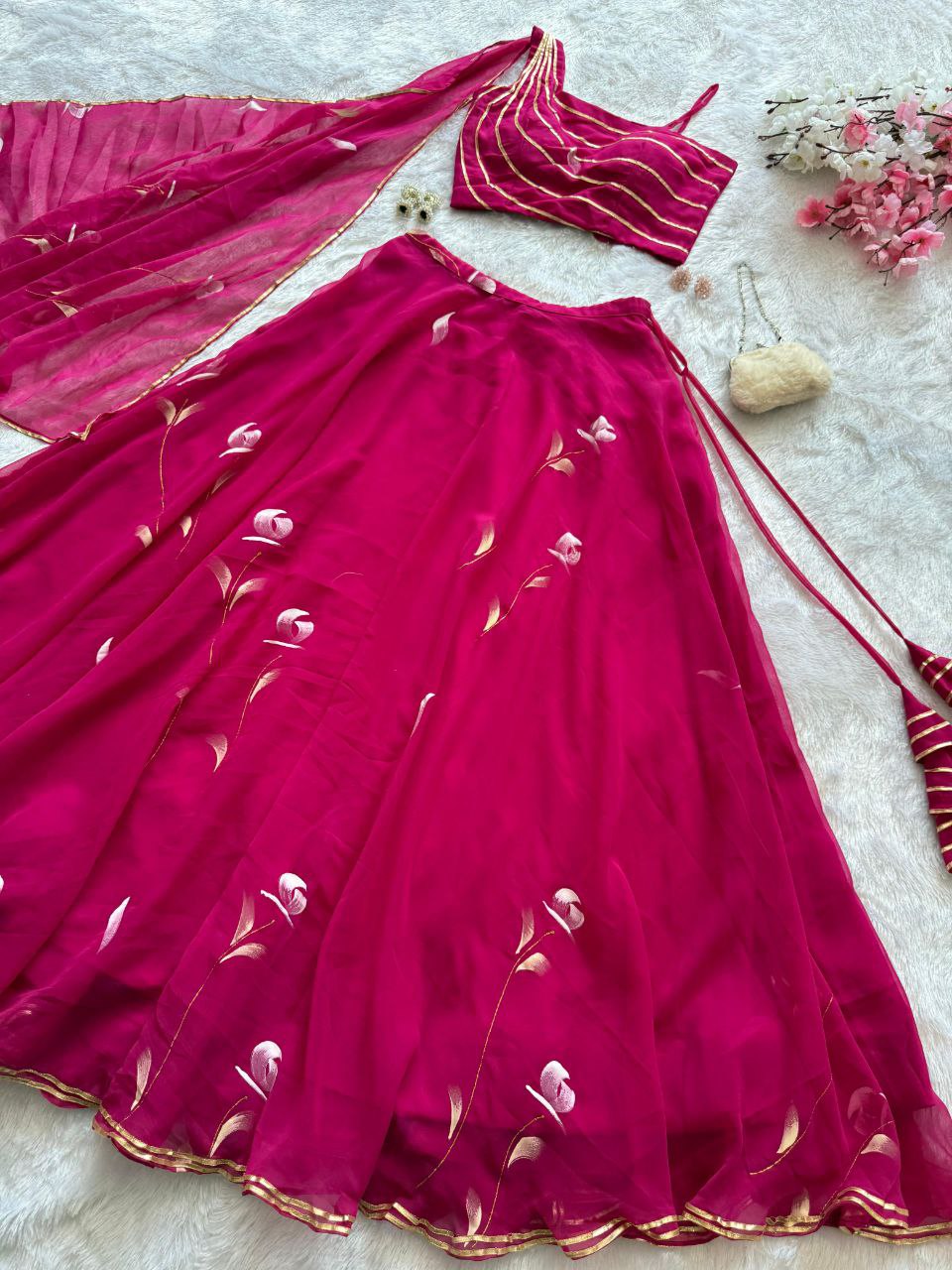 Function Wear Pink Color Pure Georgette Hand Painted Fully Stitched Lehenga Choli
